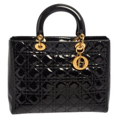 Used Dior Black Cannage Patent Leather Large Lady Dior Tote