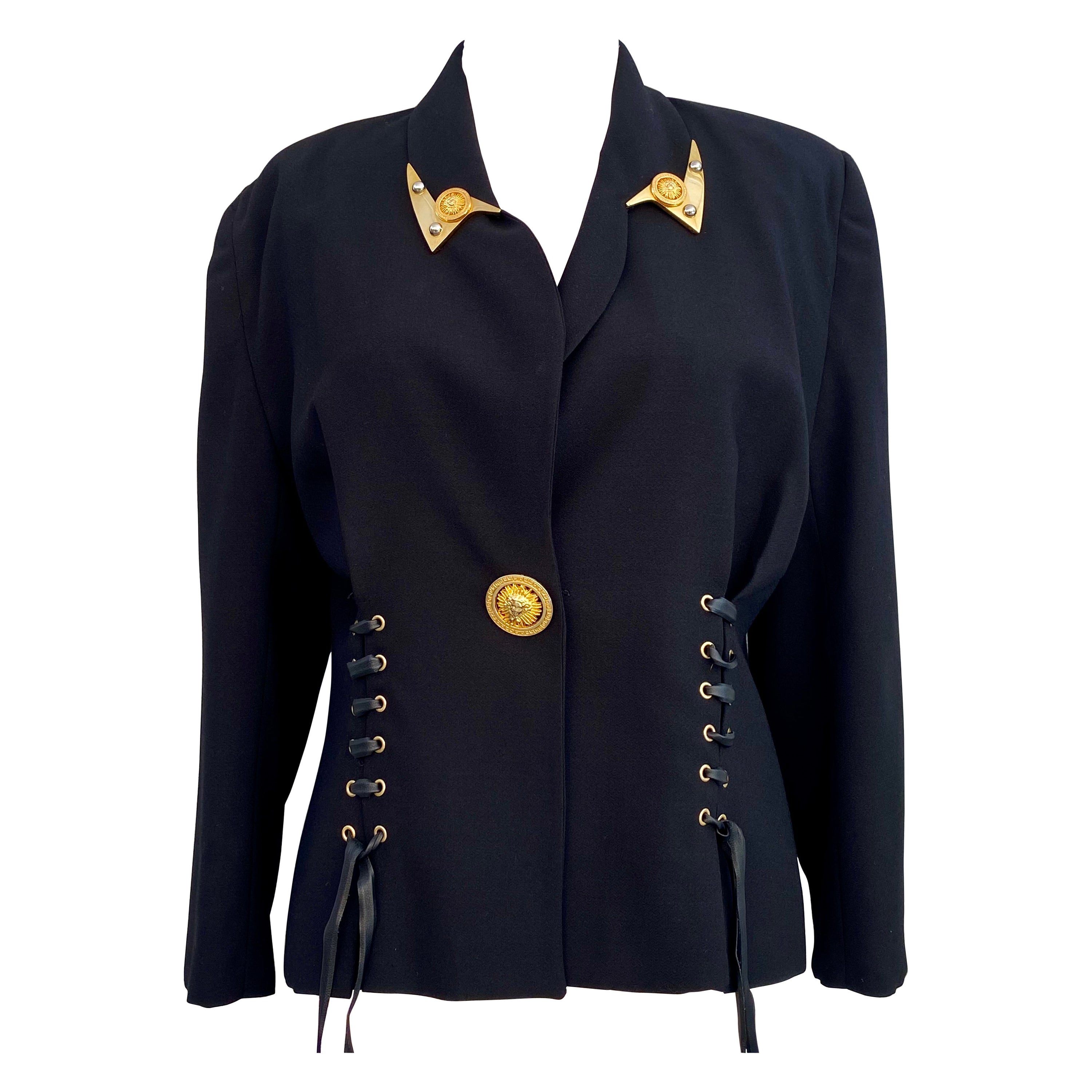 Vintage Terry Paris Gold Medallion Leather Lace Jacket en vente