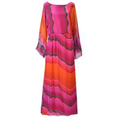 1980s Hanae Mori Silk Sunset Colored Kimono Sleeve Dress 