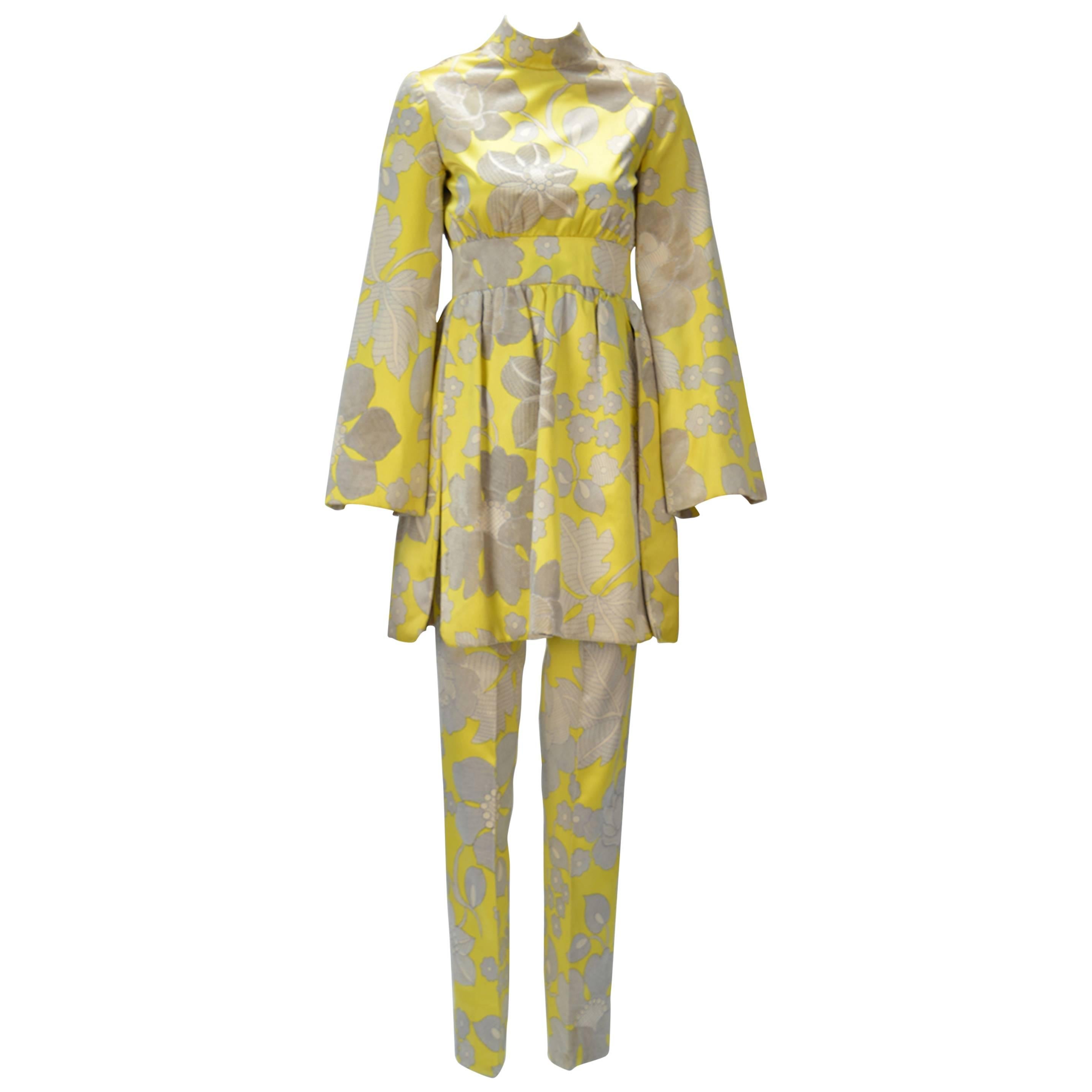 1960s George Halley Yellow Silk Tunic and Pant Suit 