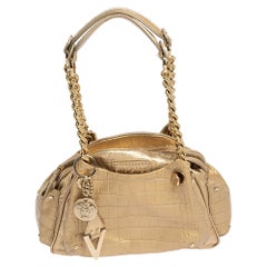 Versace Croc Embossed Leather and Leather Chain Link Satchel