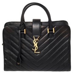 Saint Laurent Black Matelassé Leather Small Monogram Cabas Tote