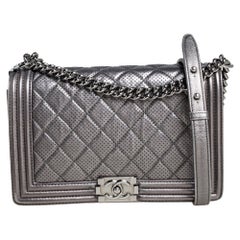 Chanel Silver Quilted Perforated Leather New Medium Boy Flap Bag