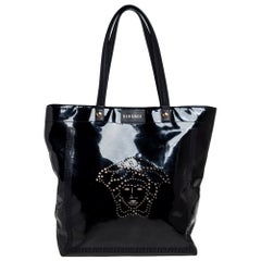 Versace Black Patent Leather Perforated Medusa Shopper Tote