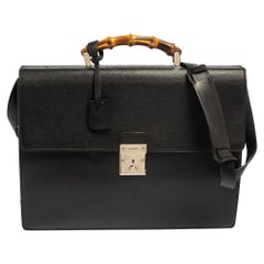 Used Gucci Black Leather Bamboo Handle Briefcase