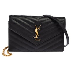 Saint Laurent Black Matelassé Leather Monogram Envelope Wallet on Chain