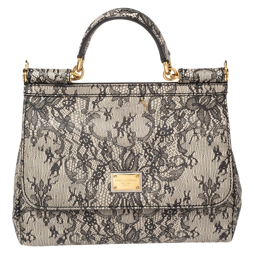 Dolce and Gabbana Beige/Black Lace Print Leather Medium Miss Sicily Top ...