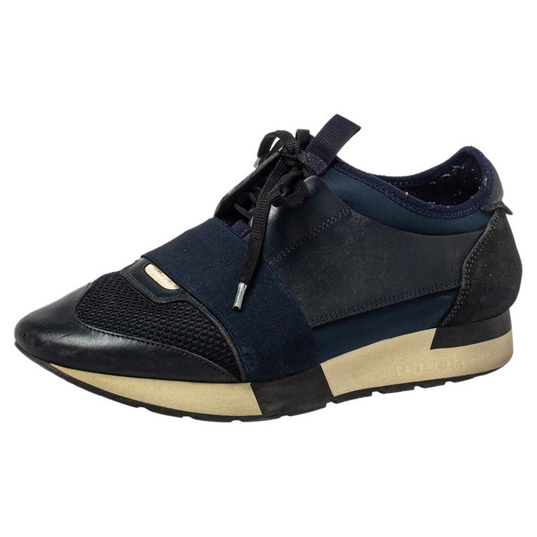 Balenciaga Blue/Black Leather And Mesh Race Runner Sneakers Size 39 For  Sale at 1stDibs