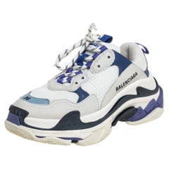 Balenciaga White/Blue Leather And Mesh Triple S Chunky Sneakers Size 36