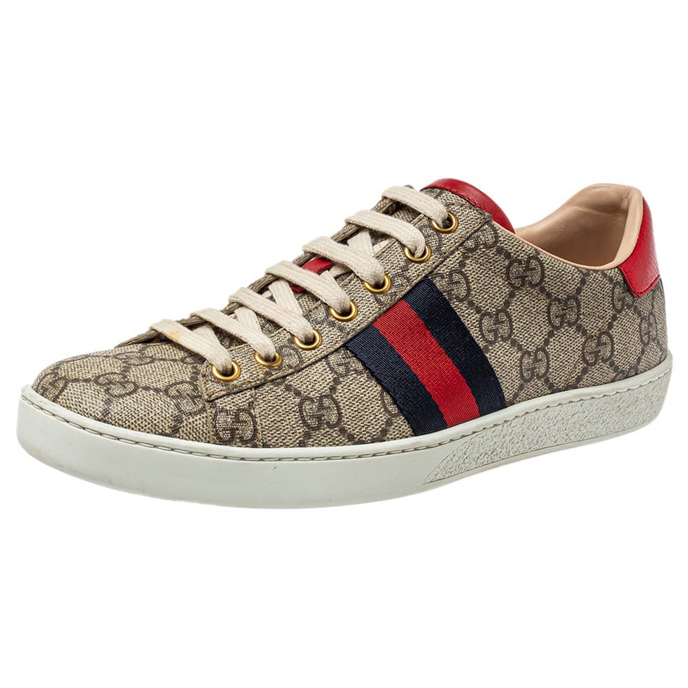 Gucci Beige/Brown GG Supreme Canvas Ace Web Low Top Sneakers Size 36.5