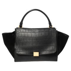 Celine Black Croc Embossed Leather and Suede Medium Trapeze Bag