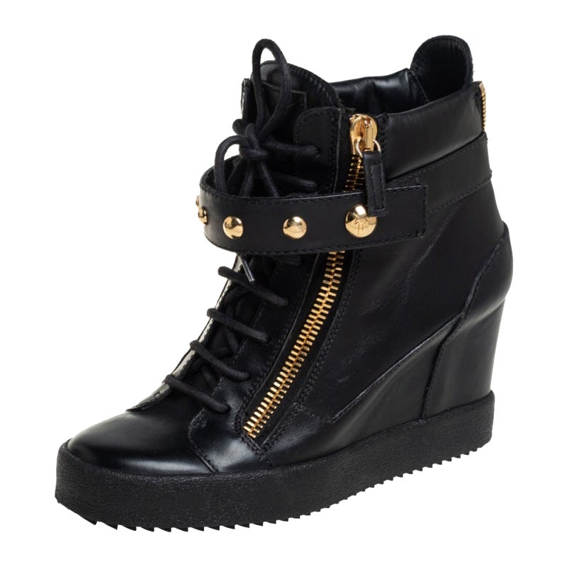 Giuseppe Zanotti Black Leather Wedge Sneakers Size 40