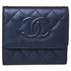 Chanel Navy Blue Quilted Caviar Leather CC Trifold Wallet