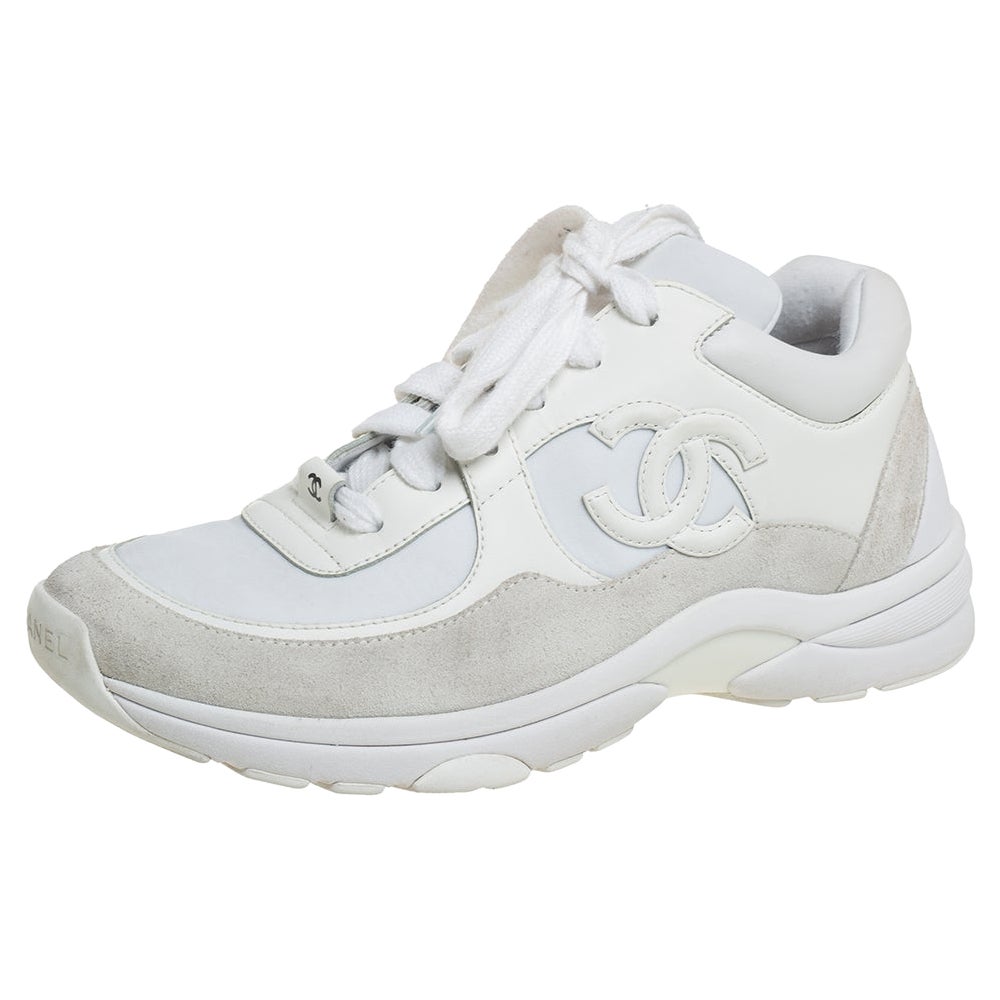 Chanel White Leather And Neoprene CC Low Top Sneakers Size 37.5 at 1stDibs
