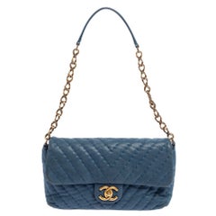 Chanel Blue Shimmer Leather Surpique Chevron Medium Flap Bag