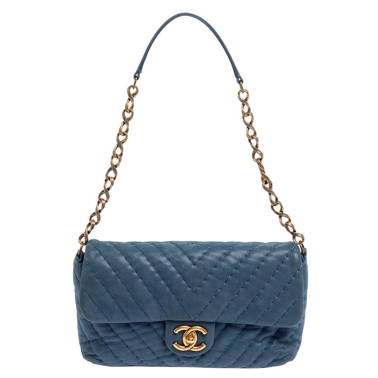 Chanel Blue Shimmer Leather Surpique Chevron Medium Flap Bag at 1stDibs
