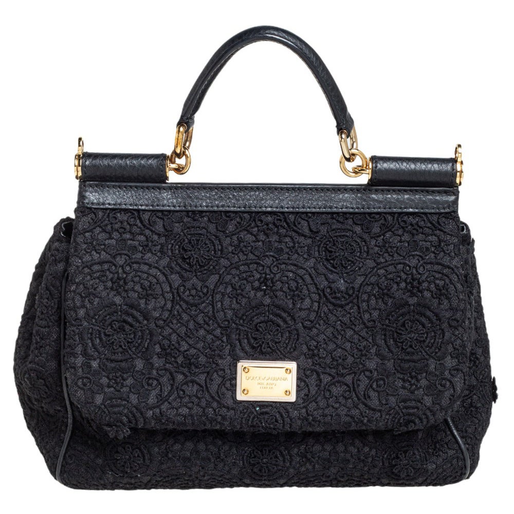 Dolce & Gabbana Black Lace Medium Miss Sicily Top Handle Bag