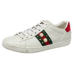 Gucci White Leathers Pearl Detail Web Ace Low Top Sneakers Size 38