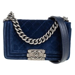 Chanel Blue Quilted Velvet and Leather Small Boy Flap Bag