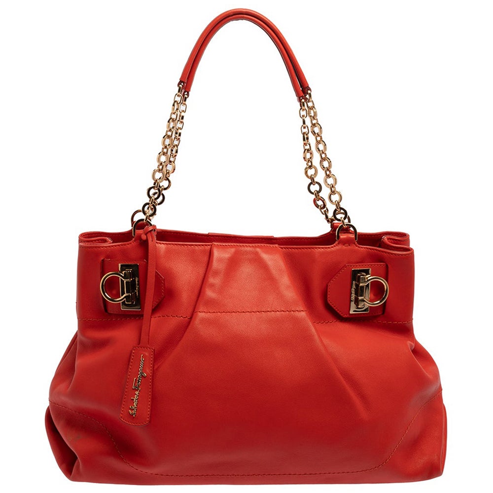 Salvatore Ferragamo Red Leather Chain Tote For Sale at 1stDibs