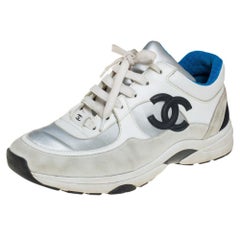 Chanel White/Grey Suede:: Leather And Fabric CC Low-Top Sneakers Size 38.5