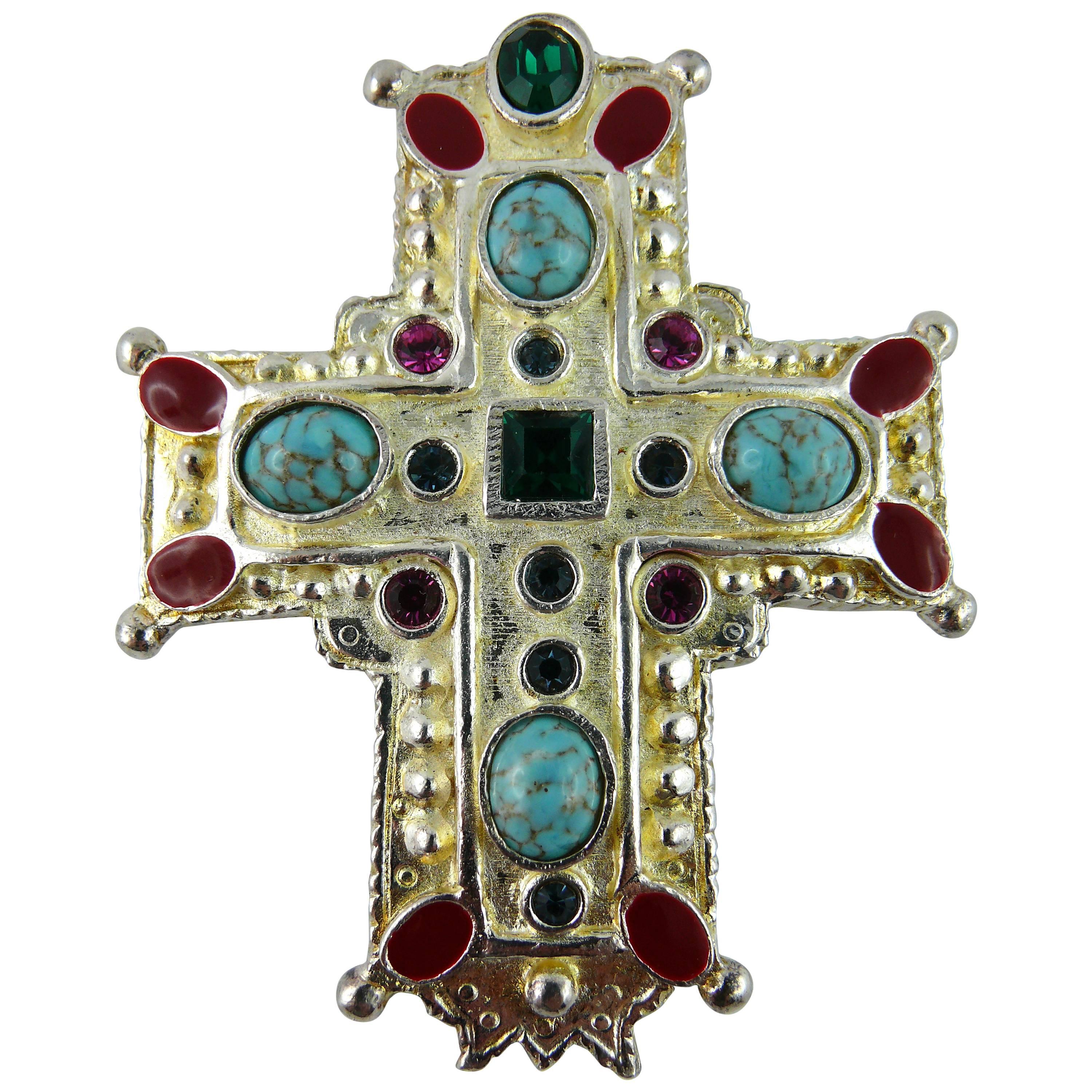 Christian Lacroix Vintage Rare Massive Jewelled Cross Brooch Pendant