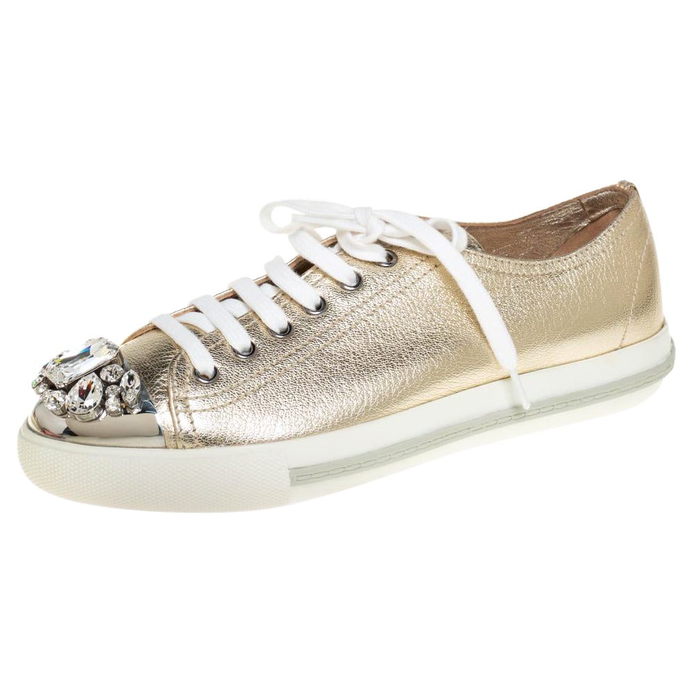 Miu Miu Metallic Gold Leather Crystal Embellished Low Top Sneakers Size 38.5