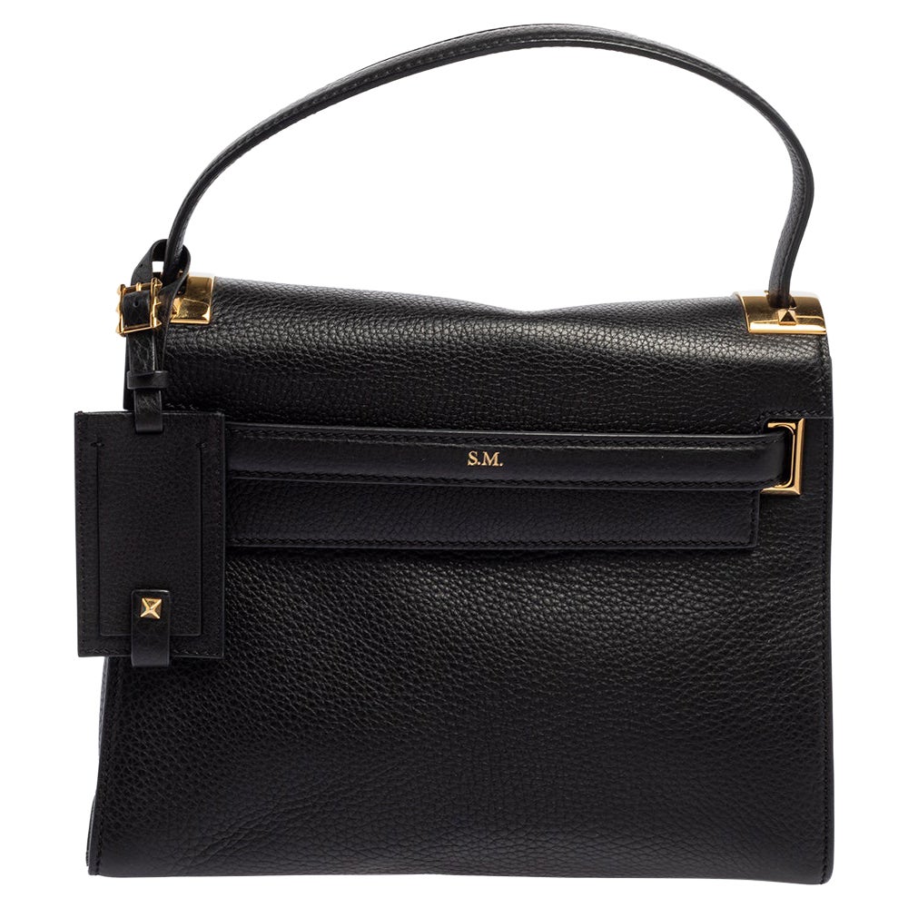 Valentino Black Leather My Rockstud Top Handle Tote Bag For Sale at