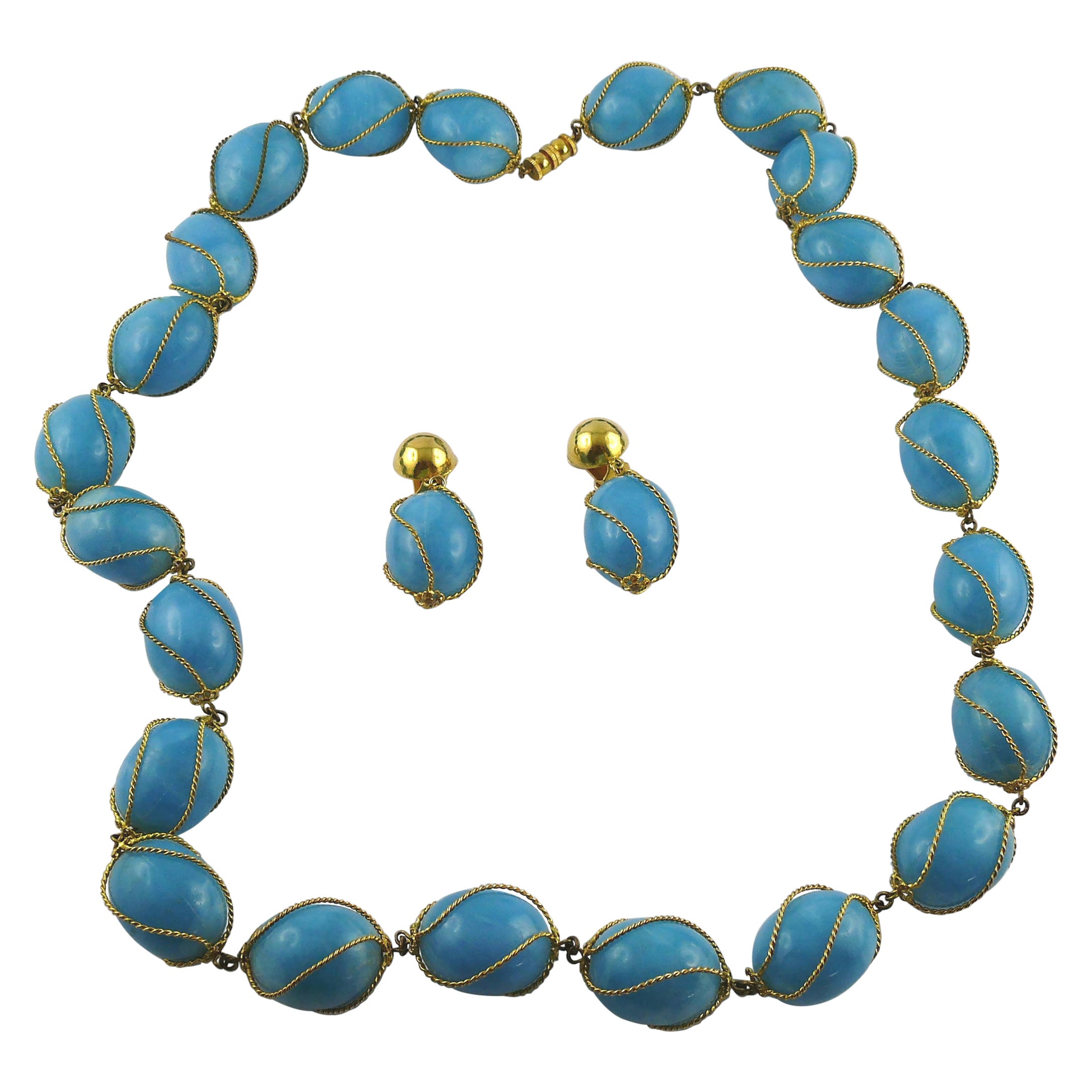 Christian Dior Vintage Encaged Blue Resin Beads Necklace and Earrings Set 1966 For Sale