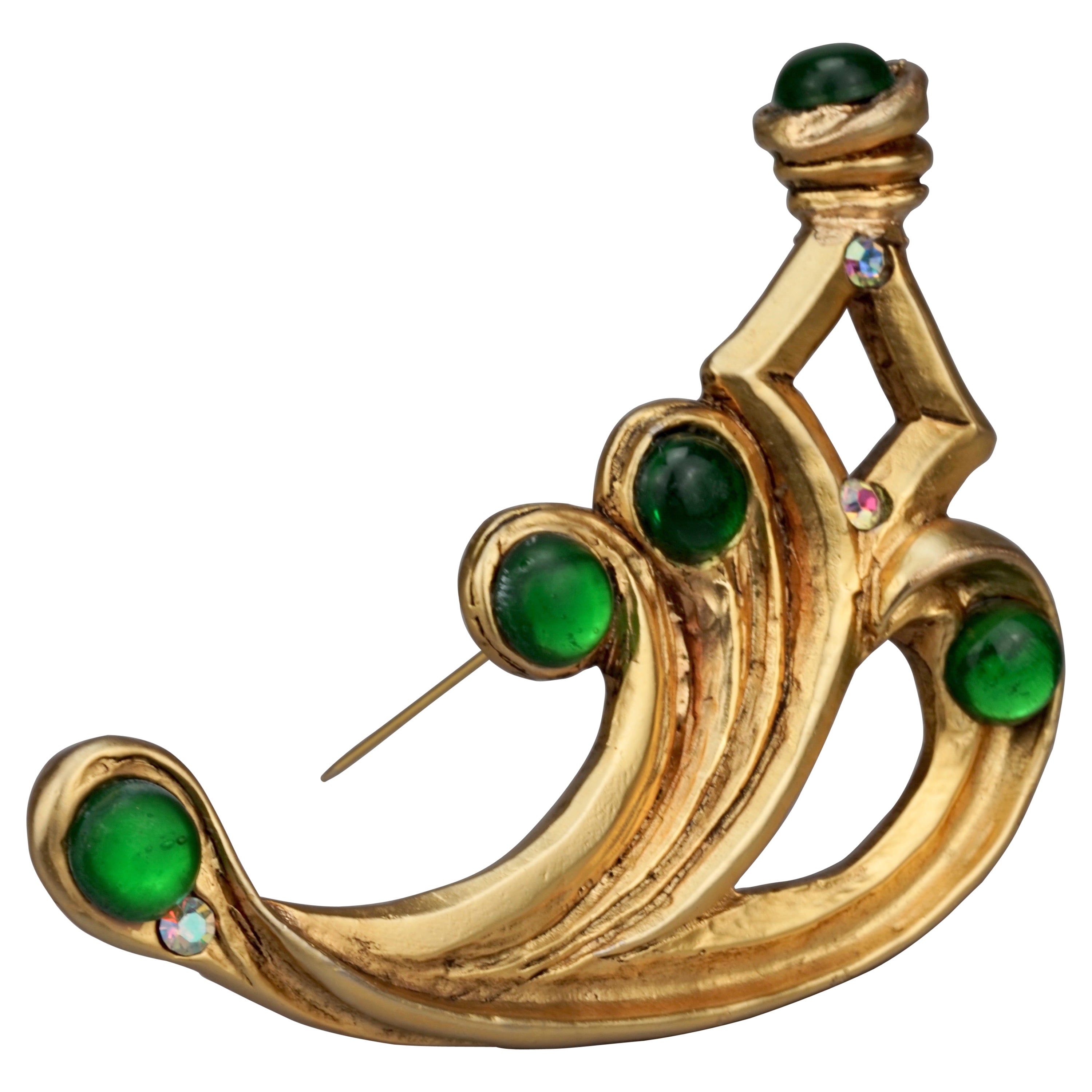 Vintage Massive CLAIRE DEVE PARIS Curved Green Jewelled Brooch For Sale
