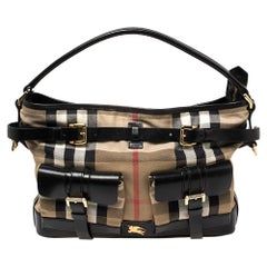 Burberry Black/Beige House Check Canvas and Leather Front Pocket Buckle Hobo