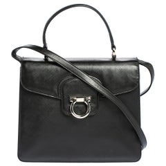 Salvatore Ferragamo Black Leather Gancio Flap Top Handle Bag
