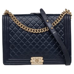 Chanel Navy Blue Quilted Glazed Leather Large Boy Flap Bag