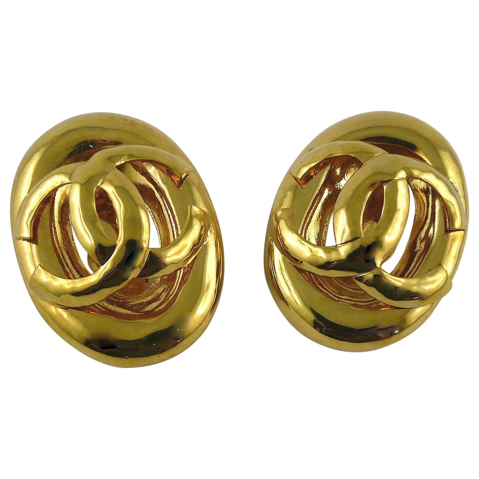 Chanel Vintage Massive Gold Toned Oval CC Logo Earrings