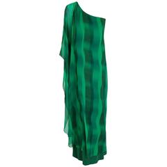 1970's Mr. Blackwell Green Abstract Print Silk One-Shoulder Grecian Goddess Gown