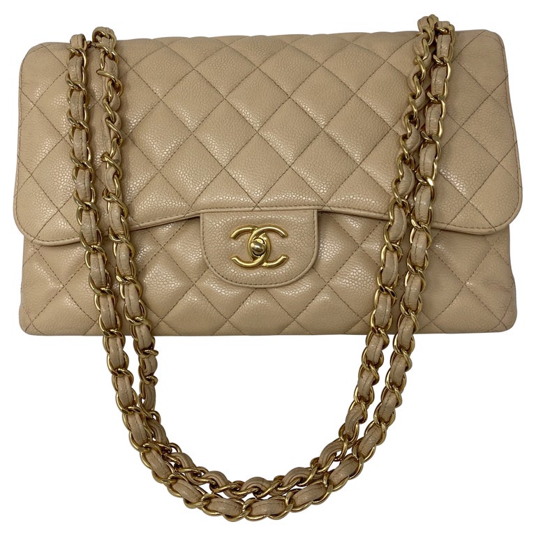 Chanel Cream Crumpled Patent Quilted Single Flap Jumbo Classic Bag For Sale  at 1stDibs