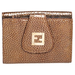 Fendi Gold Textured Leather FF Logo Compact Wallet
