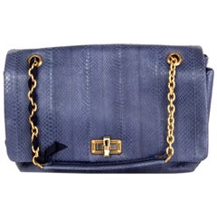 LANVIN blue PYTHON HAPPY Twist Lock Flap Shoulder Bag