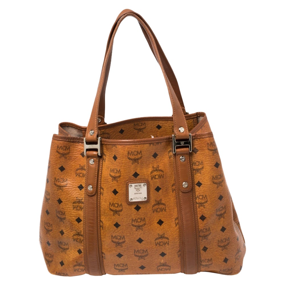 MCM Cognac Visetos Coated Canvas and Leather Shopper Tote