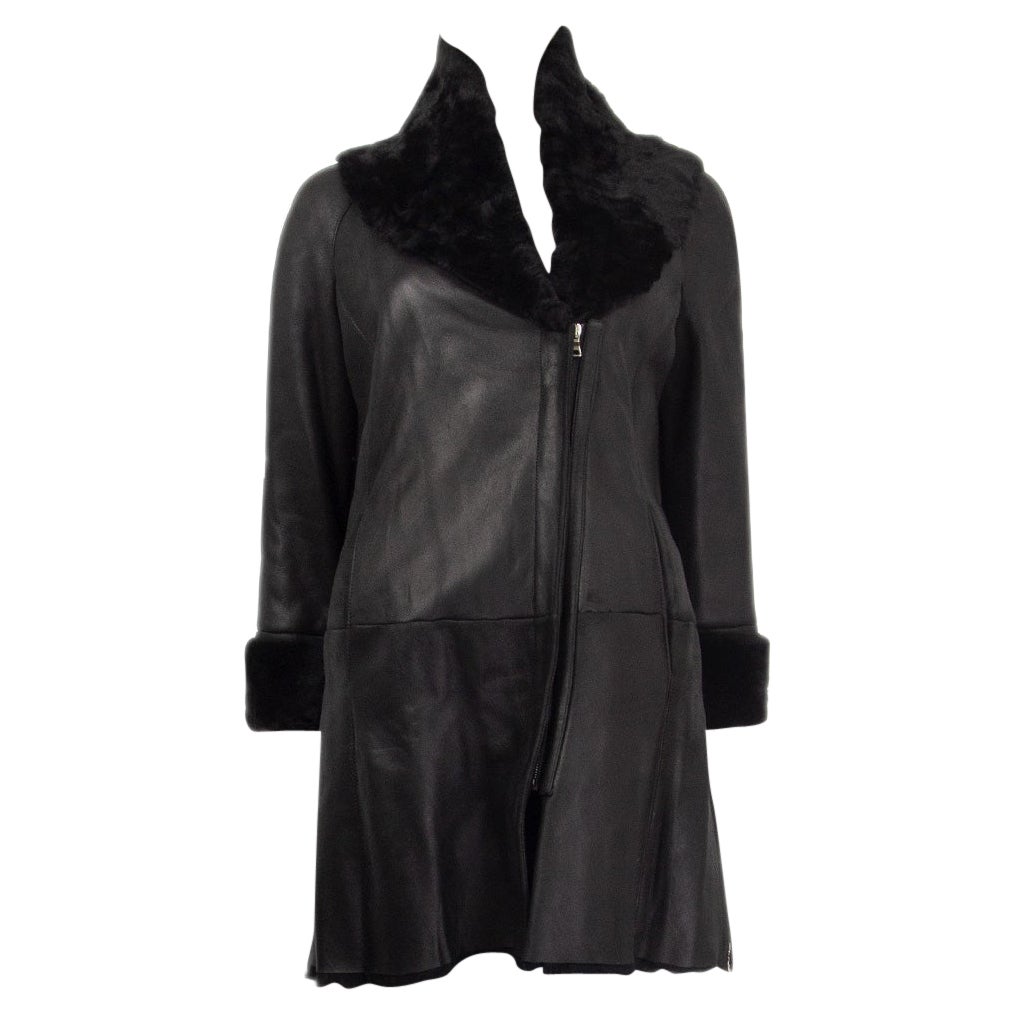 JIL SANDER NAVY black leather SHEARLING Coat Jacket 34 XS For Sale