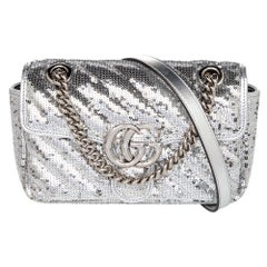 Gucci Silver Diagonal Sequins And Leather Mini GG Marmont Shoulder Bag