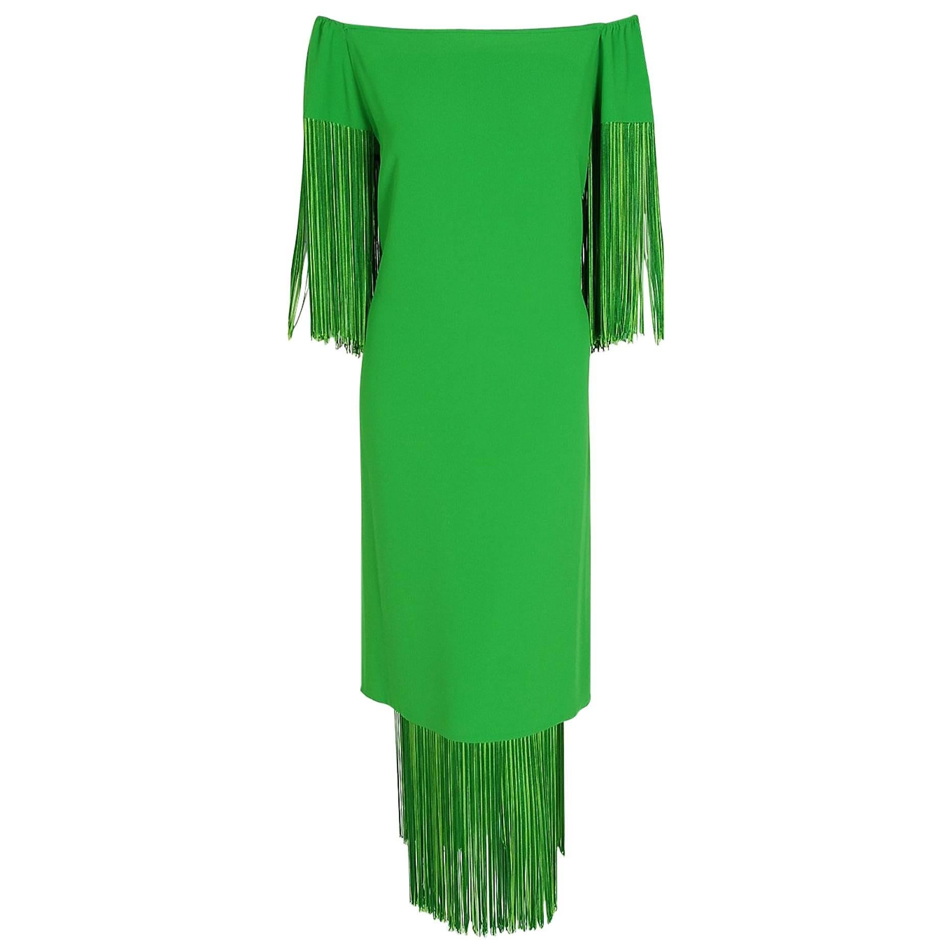 1970's Mr. Blackwell Vibrant Green Crepe Fringe Off-Shoulder Bohemian Dress 