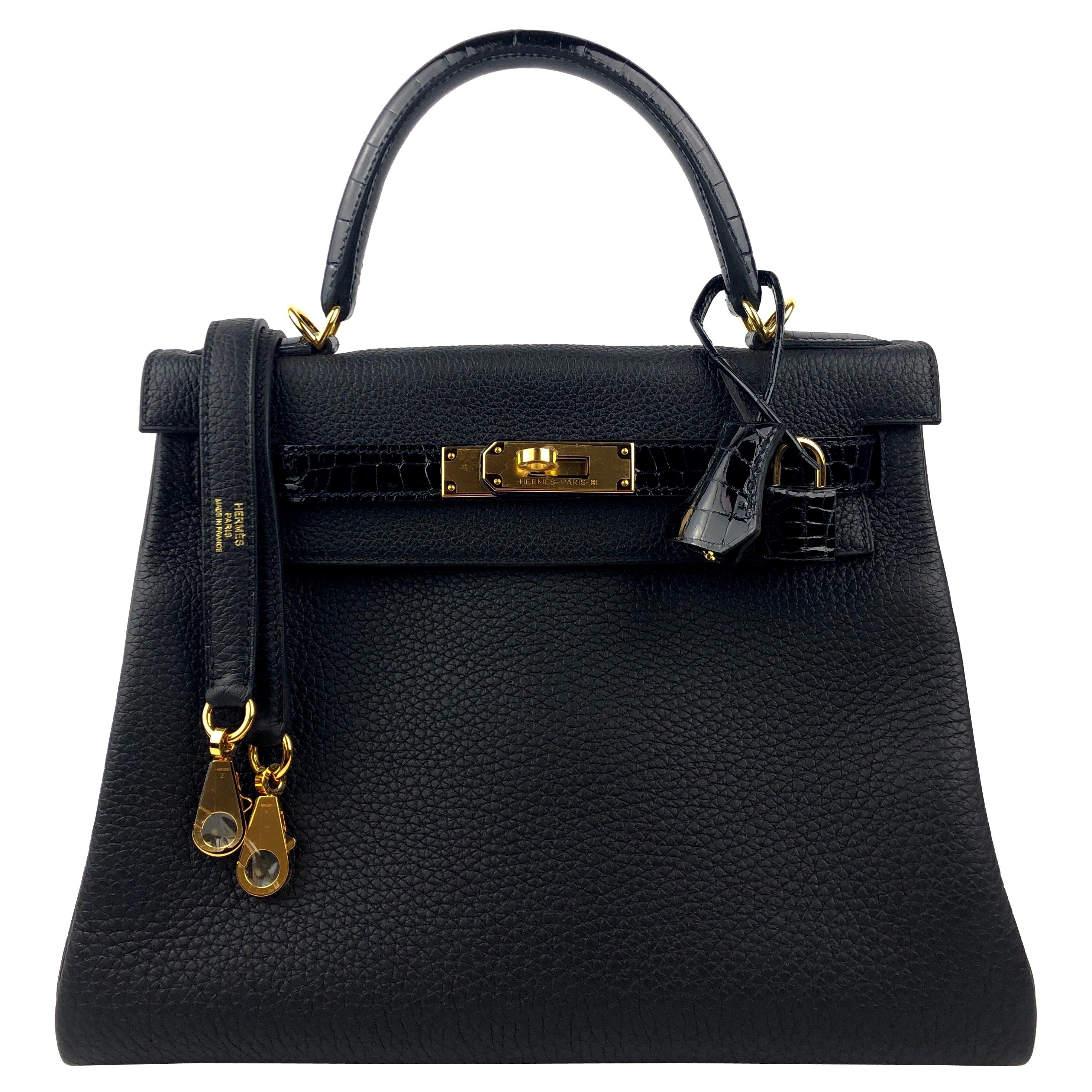 New Hermes Kelly 28 Touch Black Leather and Crocodile Gold Hardware 2021 