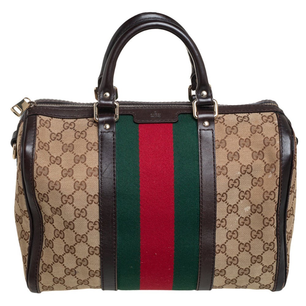 Gucci Beige/Brown GG Canvas and Leather Medium Vintage Web Boston Bag at  1stDibs