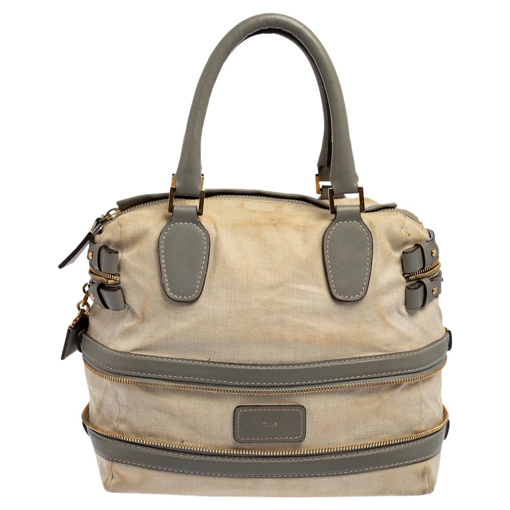 Chloe Beige/Grey Leather and Fabric Andy Expandable Satchel