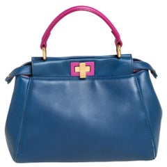 Fendi - Mini Peekaboo - Sac en cuir bleu/rose à poignée supérieure