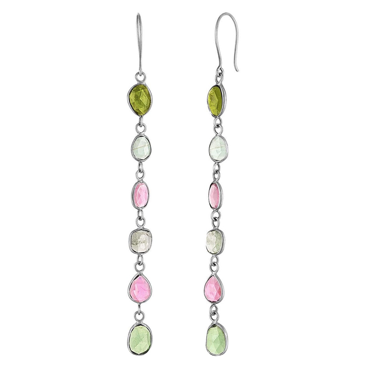 Sterling Silver and Watermelon Tourmaline Gemstone Shoulder Duster Earrings For Sale