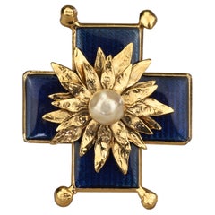 Vintage YVES SAINT LAURENT Ysl Enamel Cross Flower Pearl Pendant Brooch