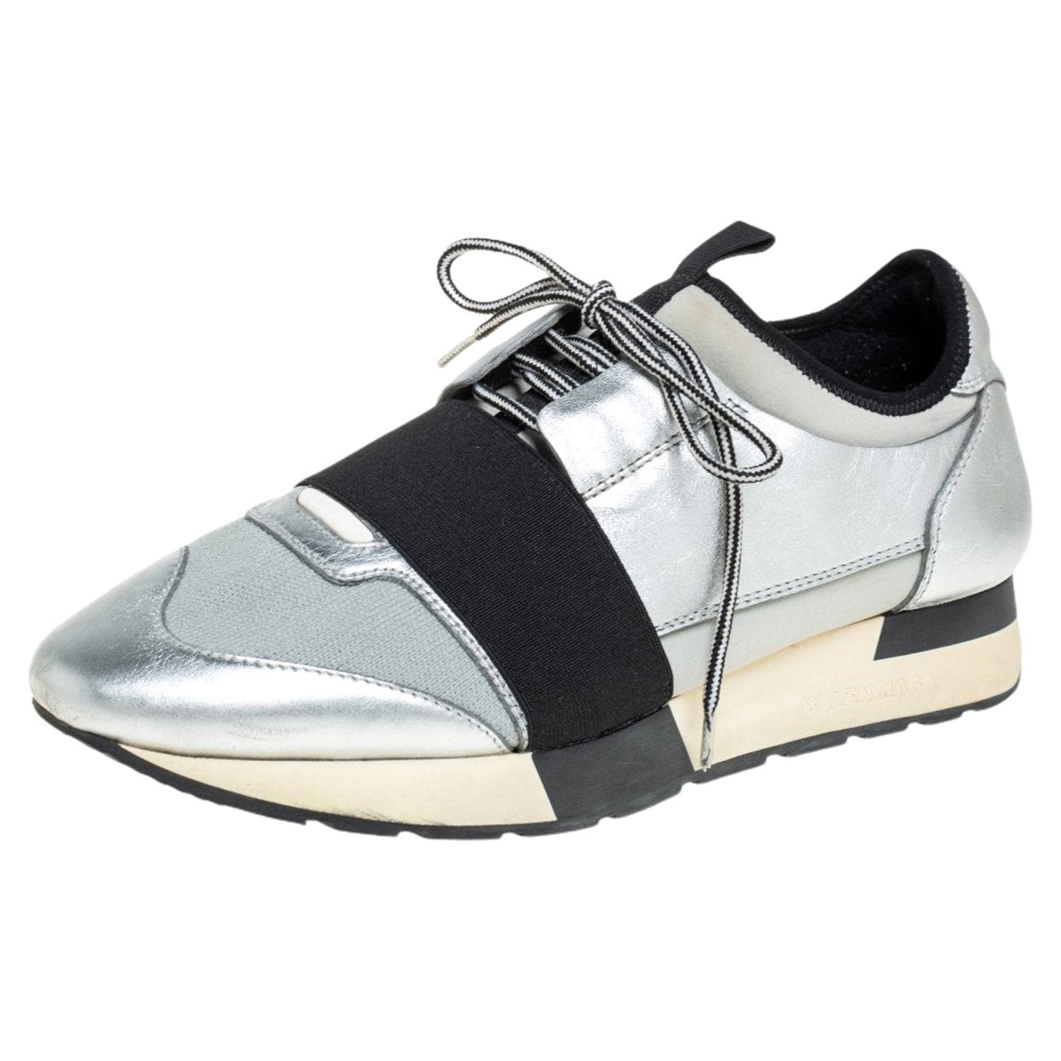 Balenciaga Silver Leather And Knit Fabric Race Runner Low Top Sneakers Size  38 For Sale at 1stDibs