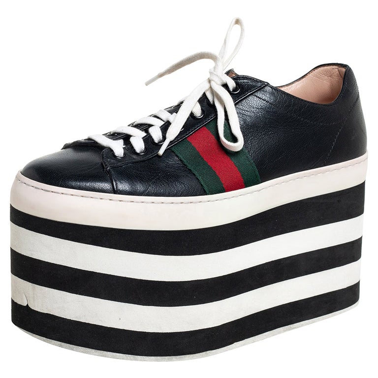 Gucci Black Leather Peggy Wedge Platform Sneakers Size 36 at 1stDibs